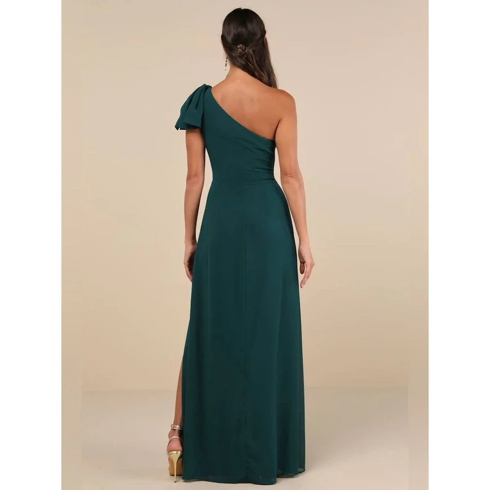 NWT LULUS Emerald Chiffon Bow Trim One Shoulder Princesscore Formal Maxi Gown S
